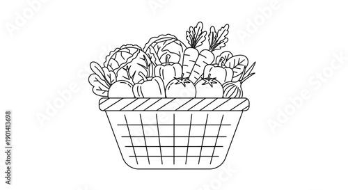 Simple Line Drawing of a Basket Filled with Fresh Vegetables for Healthy Food Illustration
