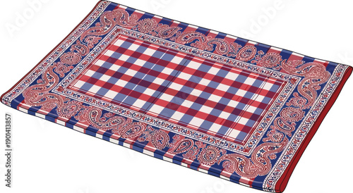 Persian rug with checkered center pattern and intricate paisley border in classic red white and blue color palette