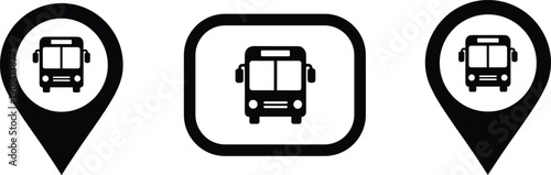Black and white bus icons for transit apps, map markers, and transportation signage, minimalist symbols for public transport systems