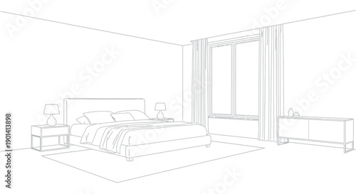 Minimalist outline drawing depicting a modern bedroom interior featuring a large bed nightstands lamps window and low cabinet illustration ready for coloring.