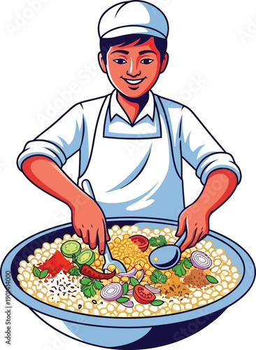 Smiling male chef character mixing bowl of traditional indian street food snacks like bhel puri with colorful ingredients