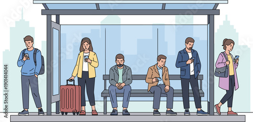 Urban bus stop scene with people using smartphones, travel bags, and city skyline background in modern public transport setting