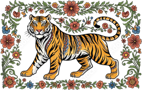 Tiger walking forward framed by vintage floral border ornamental botanical elements vector illustration wild animal art