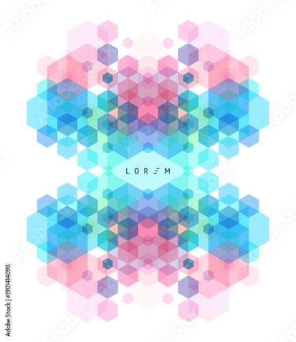 Abstract geometric background. Translucent pattern of overlapping geometric shapes. Transparent colored hexagons. Copy space. Template for poster, flyer, banner, card or cover. Vector illustration.