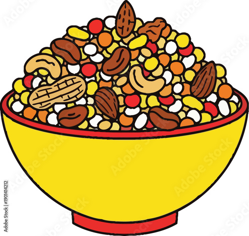 Yellow bowl filled with assorted healthy nuts and trail mix ingredients including peanuts almonds cashews and dry fruits