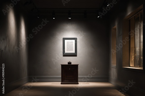 Minimalist gallery room with soft spotlight on a framed mockup and a carved drawer, atmospheric and modern