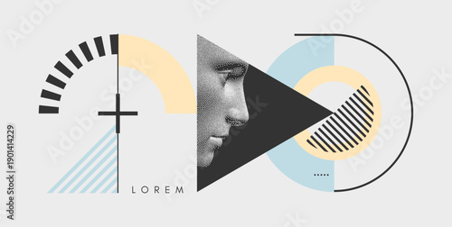 Art composition. Facial profile inside a triangle. Digital vision. Stipple effect. Designer's vision. Cover design template. Vector for brochure, poster, card, poster, presentation, flyer or banner.