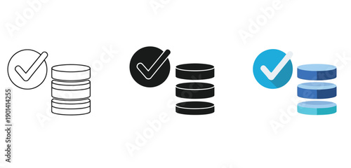 Three checked stackable database or data storage icons Vector Set in Three Styles — Line Art, Silhouette and Color Version