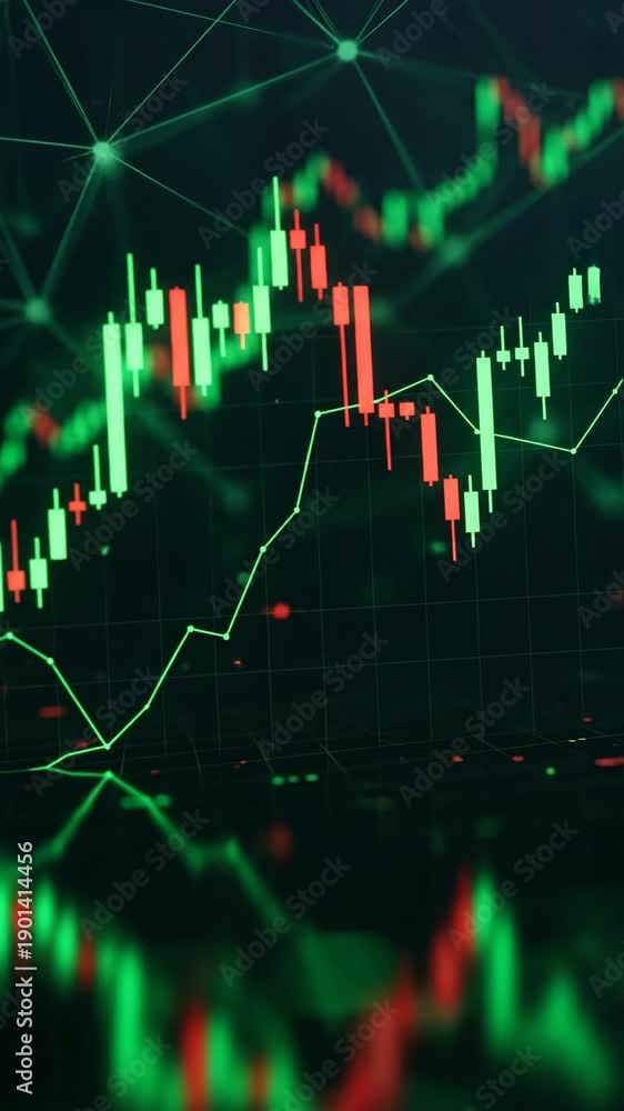 Green And Red Candlestick Stock Market Chart With Network Grid Overlay ...