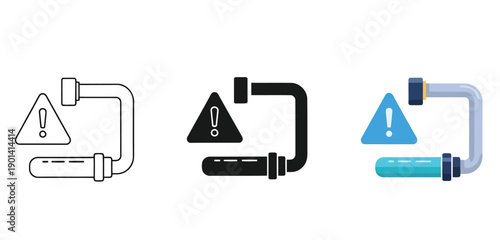 Warning symbols connected to different types of pipe fittings Vector Set in Line Art, Silhouette and Color Style