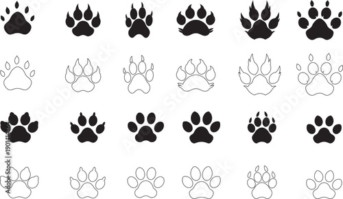 A diverse collection of various animal paw prints and tracks in black and white. Vector