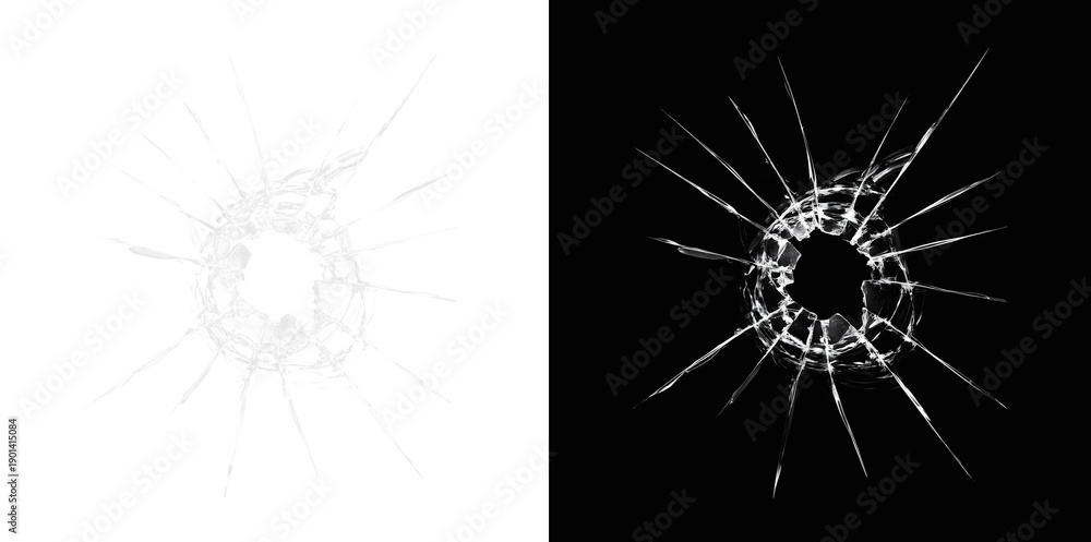 Fototapeta premium Realistic broken glass crack with bullet hole. Shattered window texture overlay. Impact damage effect isolated. Spider web fracture pattern on transparent background.