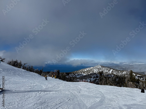 Views of Lake Tahoe and low clouds on a winter day at Heavenly Ski Resort in South Lake Tahoe, California and Nevada