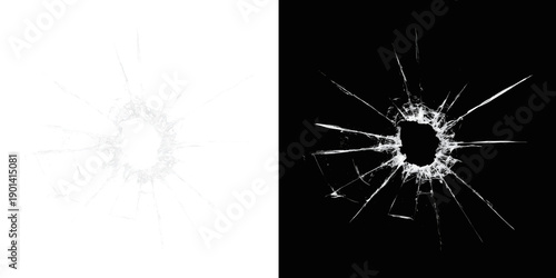 Realistic broken glass crack with bullet hole. Shattered window texture overlay. Impact damage effect isolated. Spider web fracture pattern on transparent background.