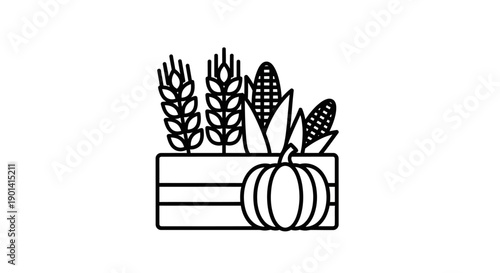 Minimalist Line Art Illustration of Harvested Vegetables in Wooden Box for Garden or Farm Themes