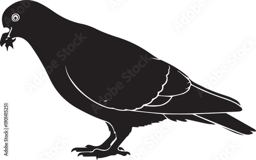 A silhouette of a pigeon foraging with something in its beak