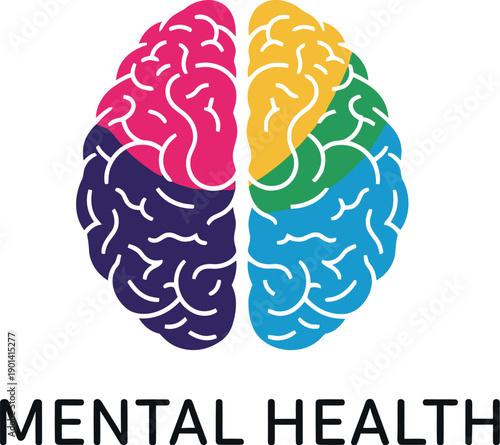 Colorful illustration of a human brain divided into four distinct sections using vibrant colors representing comprehensive mental health awareness and psychological concepts