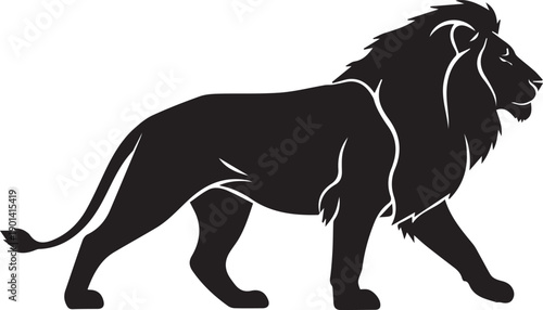 A striking black silhouette of a majestic male lion in walking pose
