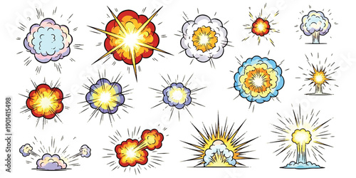 A collection of cartoon explosion effects and smoke clouds in various styles and colors
