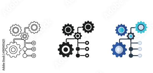 Interconnected Gear System Diagrams Vector Set in Line Art, Silhouette and Color Style with different color variations shown separately