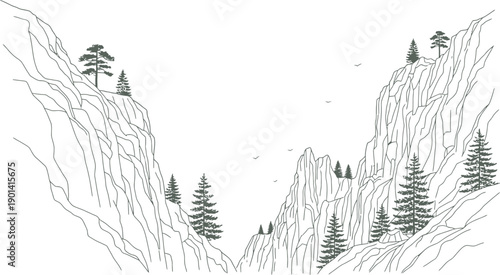 Minimalist line art drawing captures a dramatic mountain gorge landscape with tall steep cliffs and scattered evergreen pine trees under a vast empty sky.