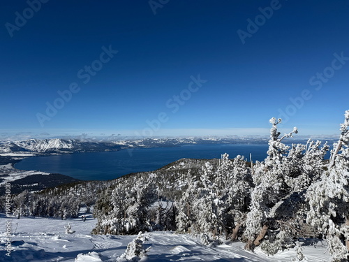 Views of Lake Tahoe and snow-covered trees after a snowstorm on a bluebird winter day at Heavenly Ski Resort in South Lake Tahoe