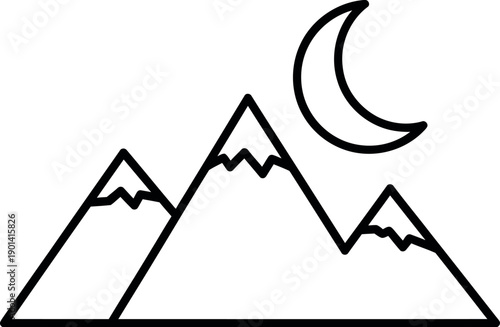 Simple black and white line art icon depicting a stylized mountain range silhouette under a crescent moon symbolizing nighttime wilderness adventure or natural landscape exploration themes.