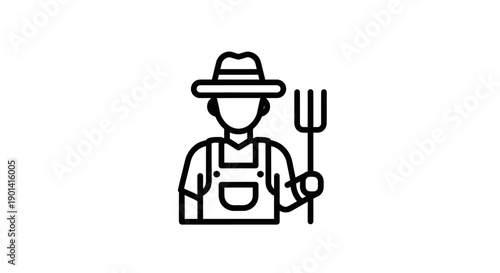 Silhouette of Farmer Wearing Hat Holding Pitchfork Against White Background