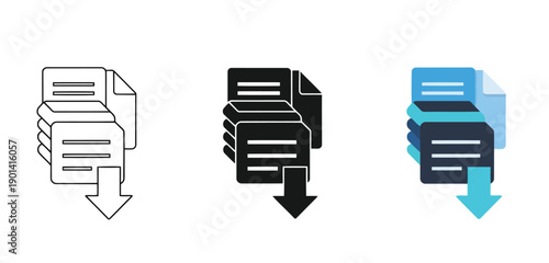 Stylized document stack icons Vector Set in Line Art, Silhouette and Color Style