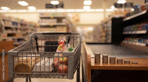 Grocery Shopping and Budgeting: A Cart of Food and Coins at the Checkout Counter - 100 chr