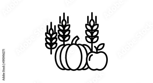 Minimalist Line Art Illustration of Autumn Harvest with Pumpkin and Wheat Stalks