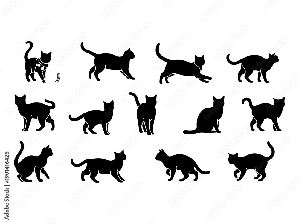 Fototapeta premium Set of black cat silhouettes vector illustration