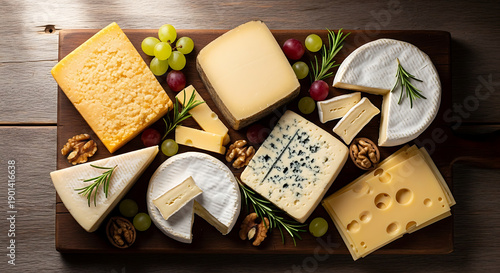 A delicious assortment of cheeses, fruits, nuts, and herbs on a wooden board