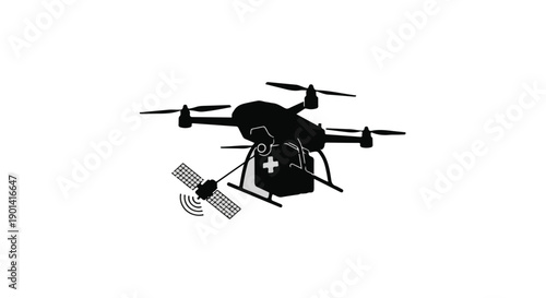 Modern drone flying in air with propellers and camera equipment for aerial photography and videography applications
