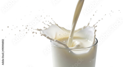 Vibrant stream of fresh, white milk cascading into a glass, creating an invigorating and dynamic splash effect on a pure background