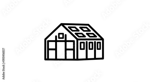 Simple Line Drawing of a Small Modern House with Solar Panel Roof
