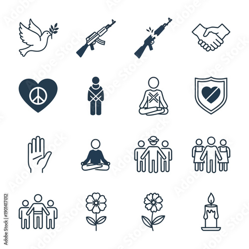Peaceful Symbols: Symbolic illustration of dove holding olive branch, guns, handshake, heart sign peace, person icon, medidation person, people group, flower, and candle. 