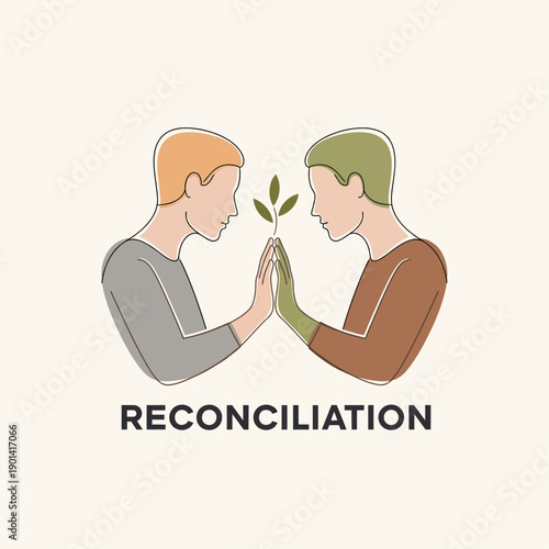 Reconciliation: Two figures, hands touching, tenderly cradle a sapling, symbolizing unity and regrowth, all set against a neutral backdrop, conveying hope and the potential for a fresh beginning.