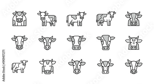 Collection of Cute Cartoon Cow Icons Set for Creative Design and Projects