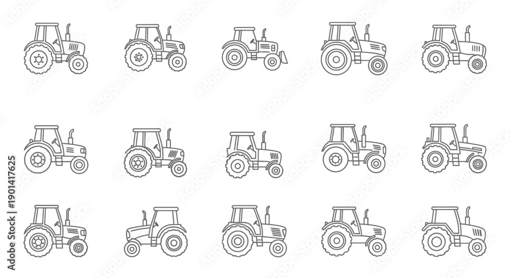 Fototapeta premium Collection of Tractor Silhouettes Featuring Different Models and Angles