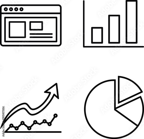 Simple line icons representing various types of charts and graphs for data analysis and visualization.