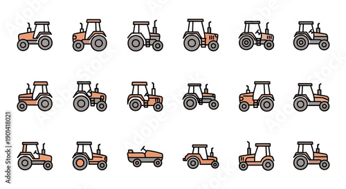 Collection of Vintage Tractors in Various Sizes and Styles for Agricultural Use