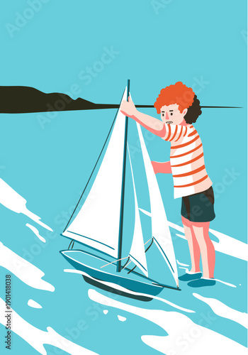 A boy is putting a model sailing ship onto the water. Vector illustration. Color illustration.