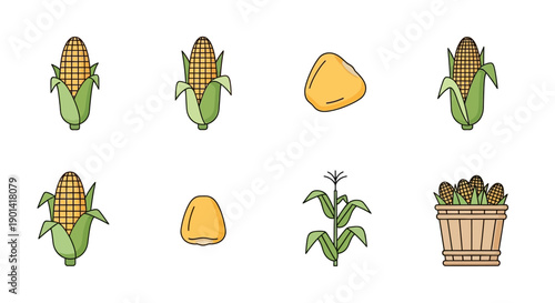 Colorful Cartoon Corncobs, Vegetables, and Farming Elements Illustration