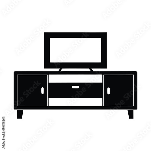 Modern black entertainment unit with television on top and storage cabinets below Vector