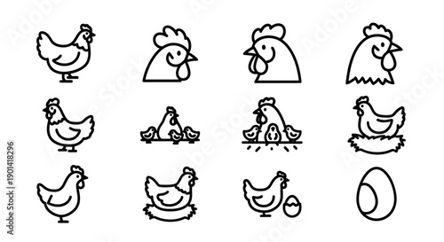 Cute Cartoon Chicken Set Featuring Various Hatching and Rooster Characters