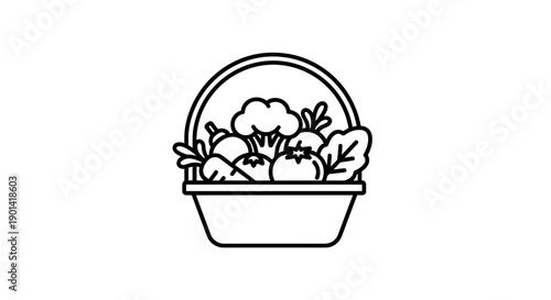 Minimalist Black and White Illustration of a Fruit Basket with Fresh Produce