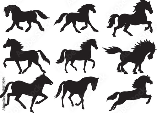 Silhouette Horse: A collection of horse silhouettes captured in motion, perfect for conveying movement, power, and the elegance of the equine form.