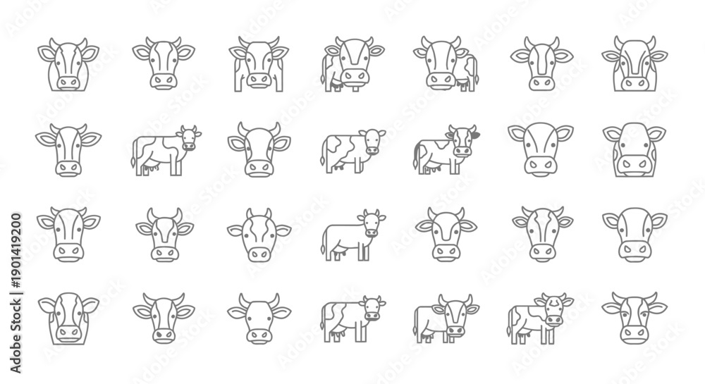 Obraz premium Set of 25 Line Art Cow Icons for Agriculture and Livestock Designs