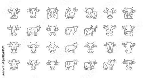Set of 25 Line Art Cow Icons for Agriculture and Livestock Designs
